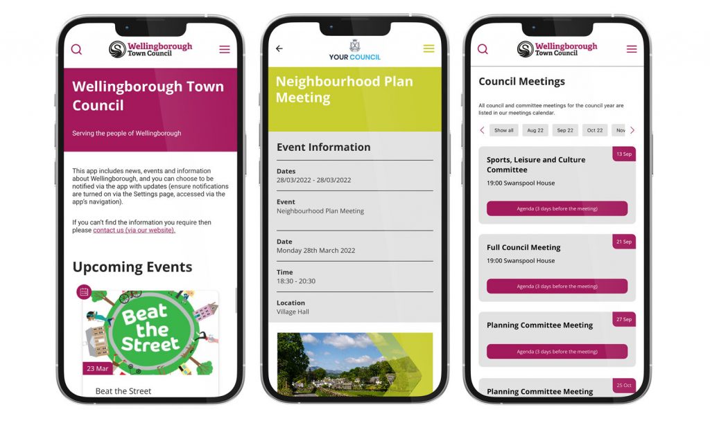 3 mobile phone screens showing the community engagement app options
