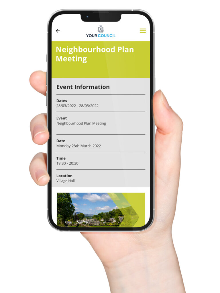 Hand holding smartphone with Neighbourhood Plan meeting on screen