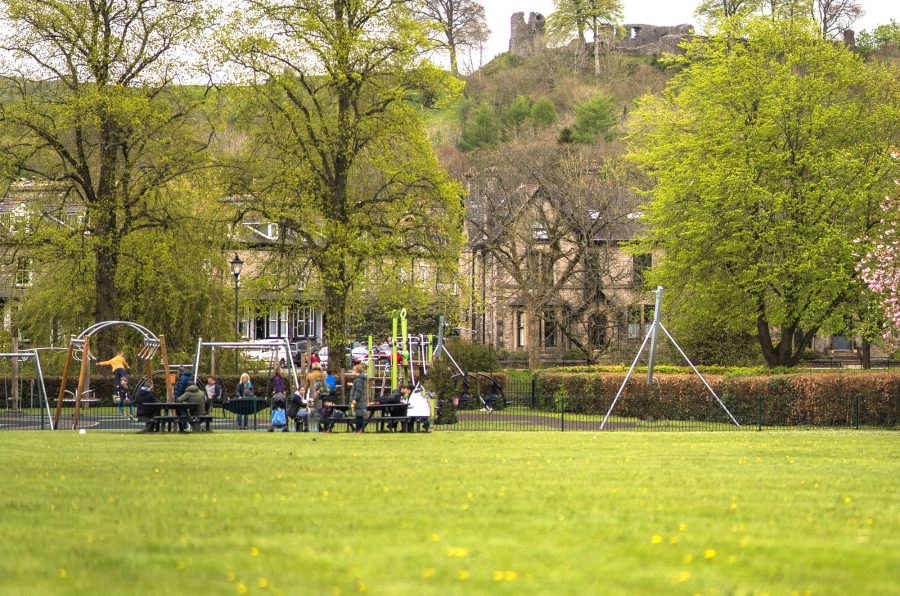 Public green area including a playground